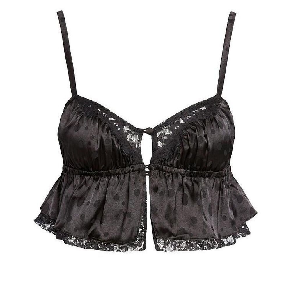 For Love And Lemons Black Satin Polka Dot Lace-Trim Crop Top